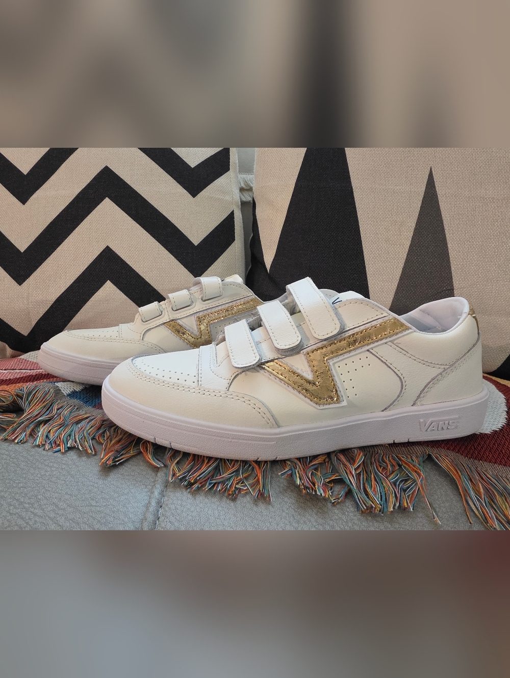 Vans White Low-Top Sneakers with Metallic Gold V and Velcro Straps